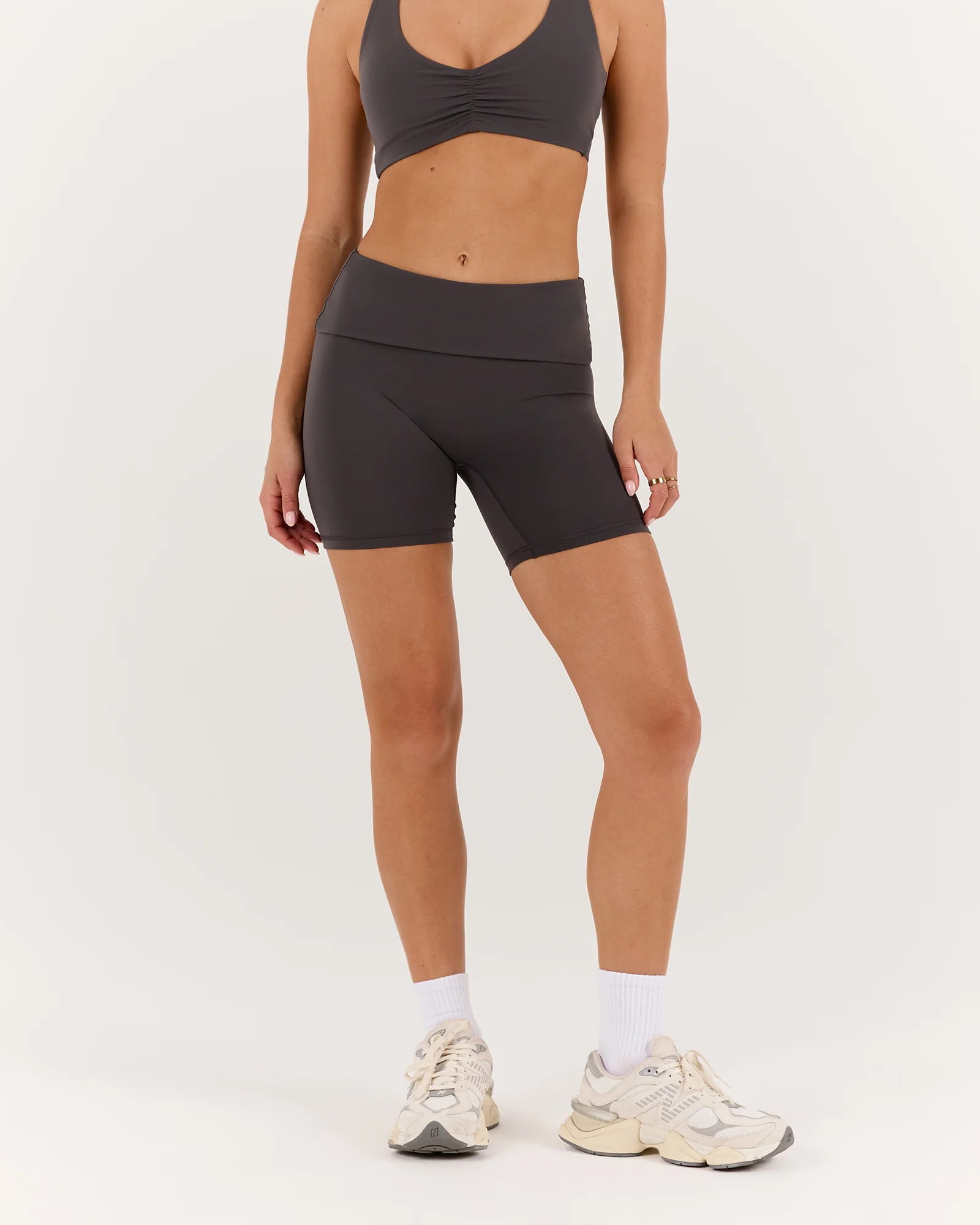 LUXE ALEXA FOLD OVER BIKER SHORTS - PEBBLE